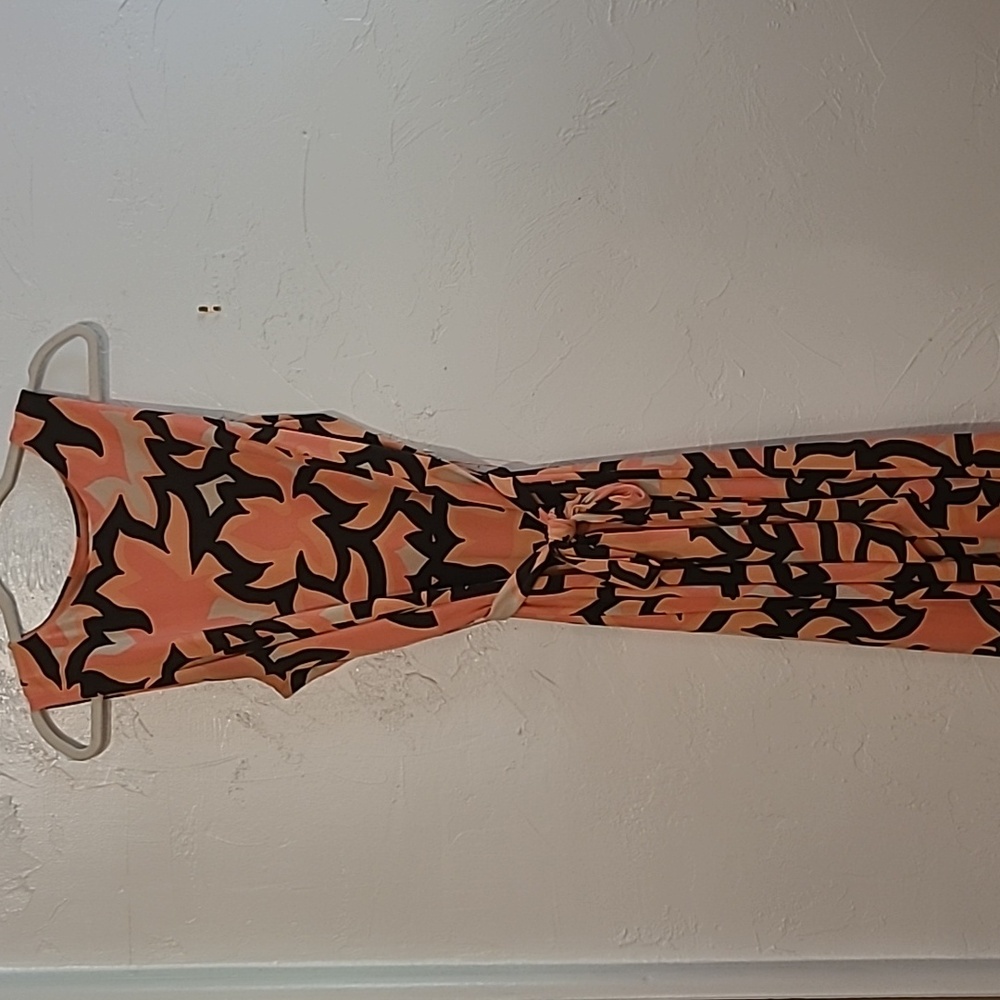 A peach and deep chocolate midi belted dress